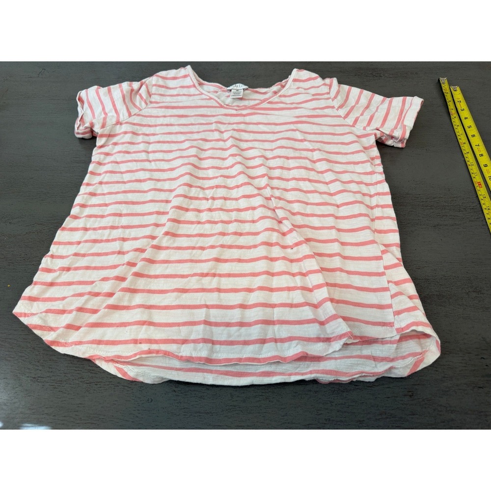 Linda Leal Pink White Striped V-Neck T-Shirt Women 2X Short Sleeve Slub Knit Top